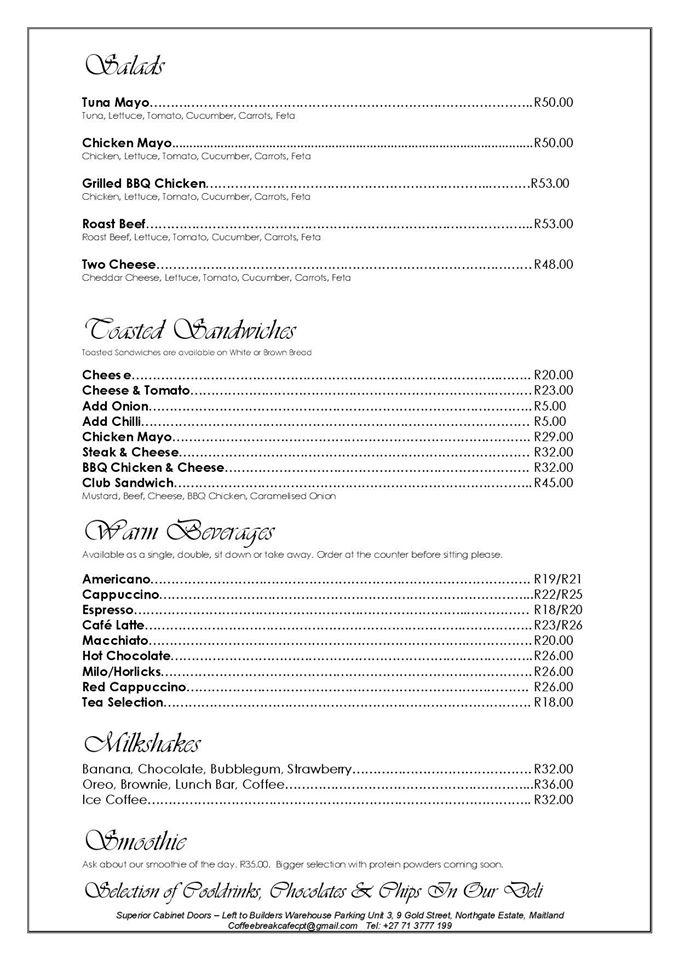 Menu at Coffee Break, Cape Town