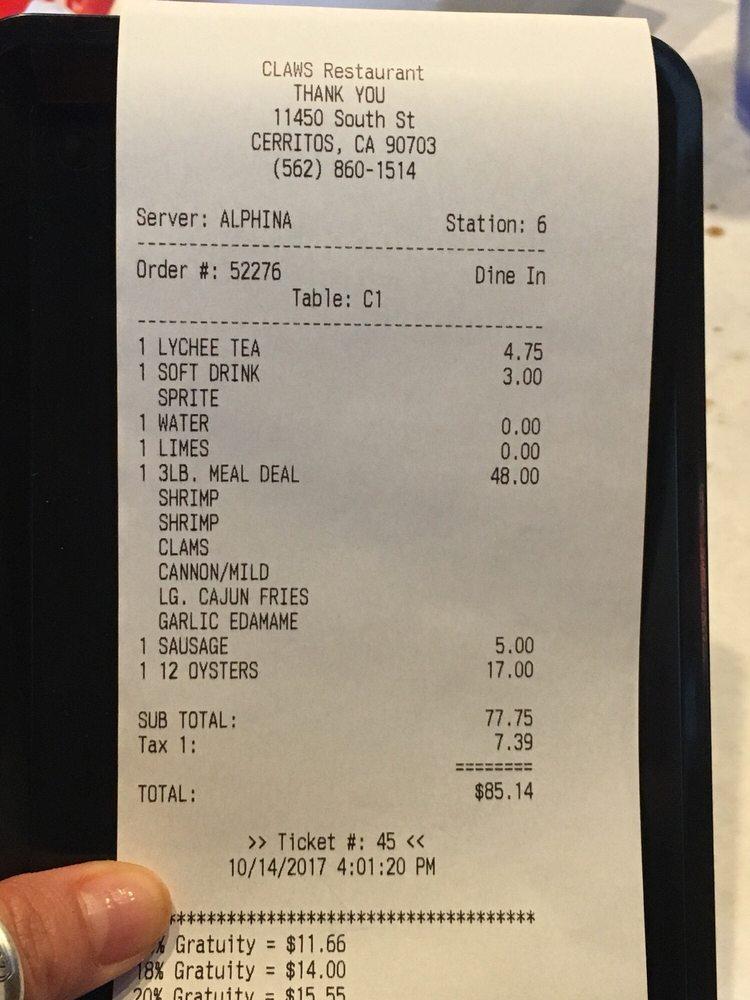 Menu at Claws Restaurant, Cerritos