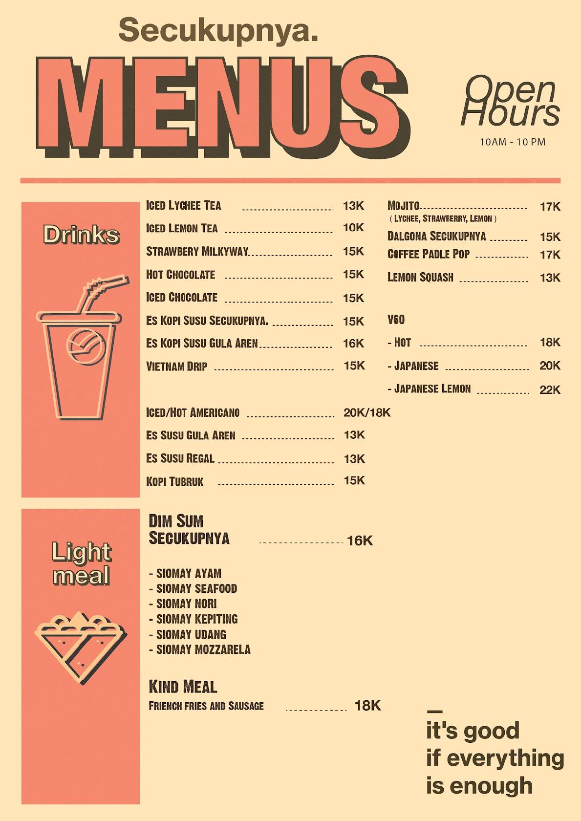 Menu at secukupnya coffee cafe, Bandung