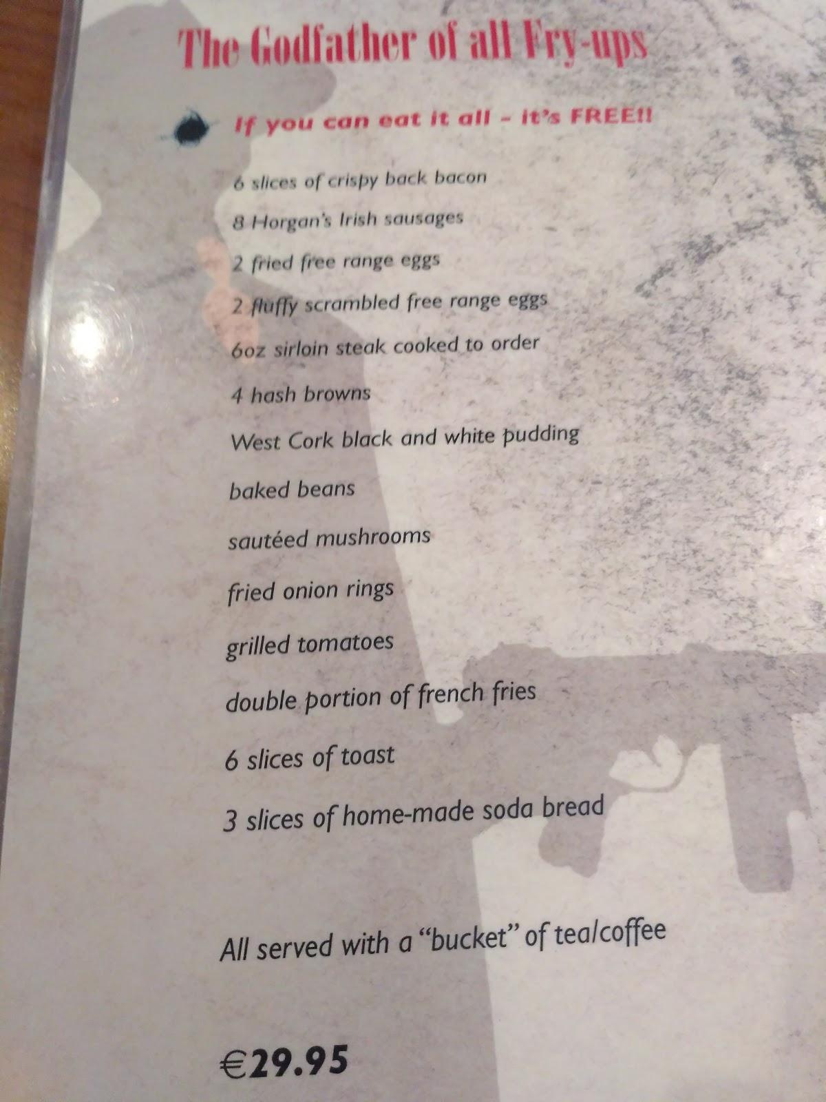 Menu at Tony's Bistro cafe, Cork