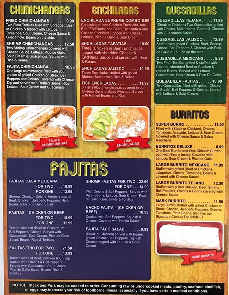 Menu at Casa Mexicana restaurant, Southern Pines