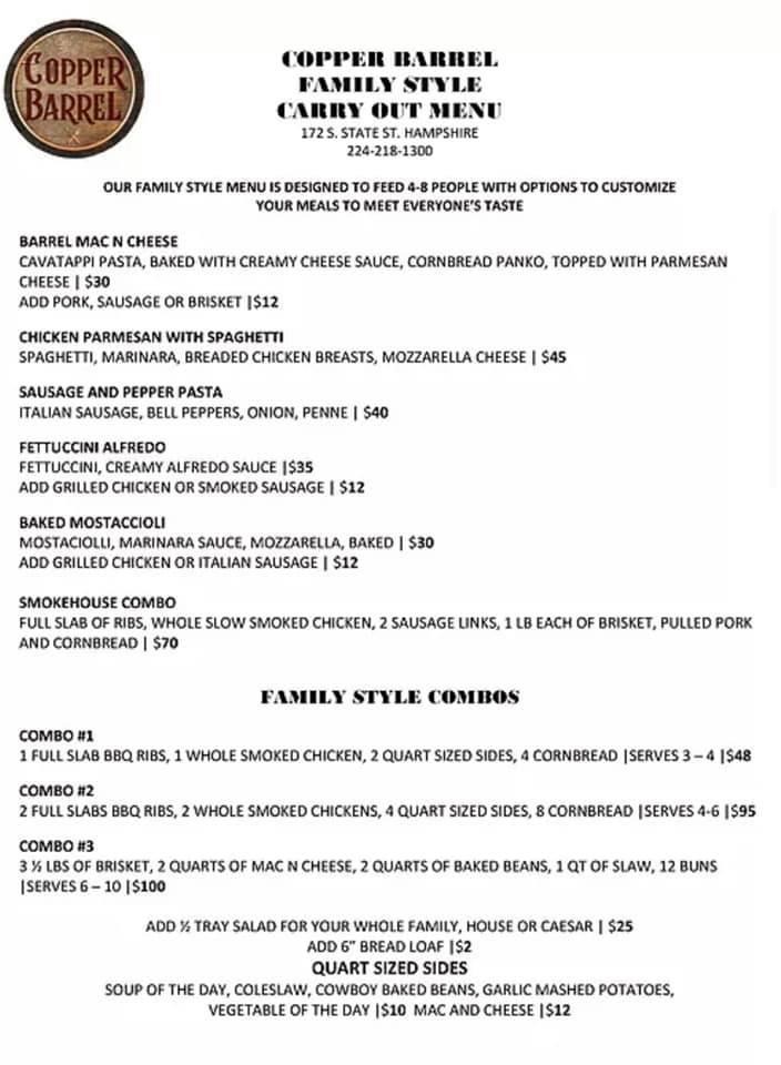Menu at Copper Barrel on State, Hampshire