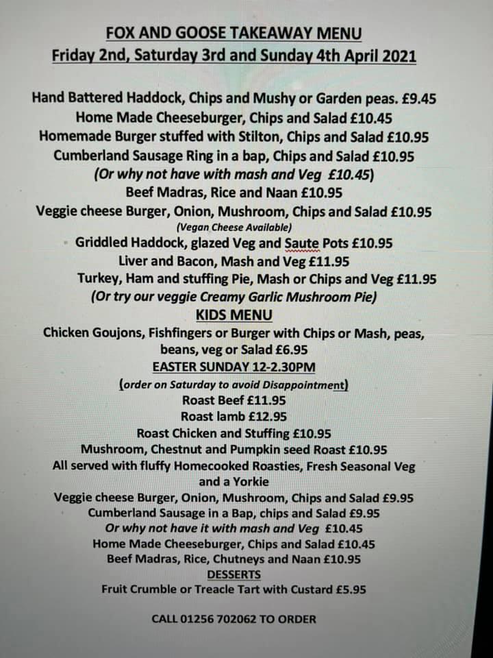 Menu at Fox & Goose pub & bar, Greywell, The St