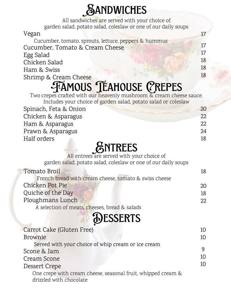 Menu at Calico Cat Tea House restaurant, Nanaimo