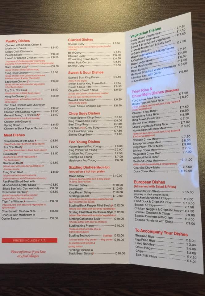 Menu at Golden Ocean restaurant, Stornoway
