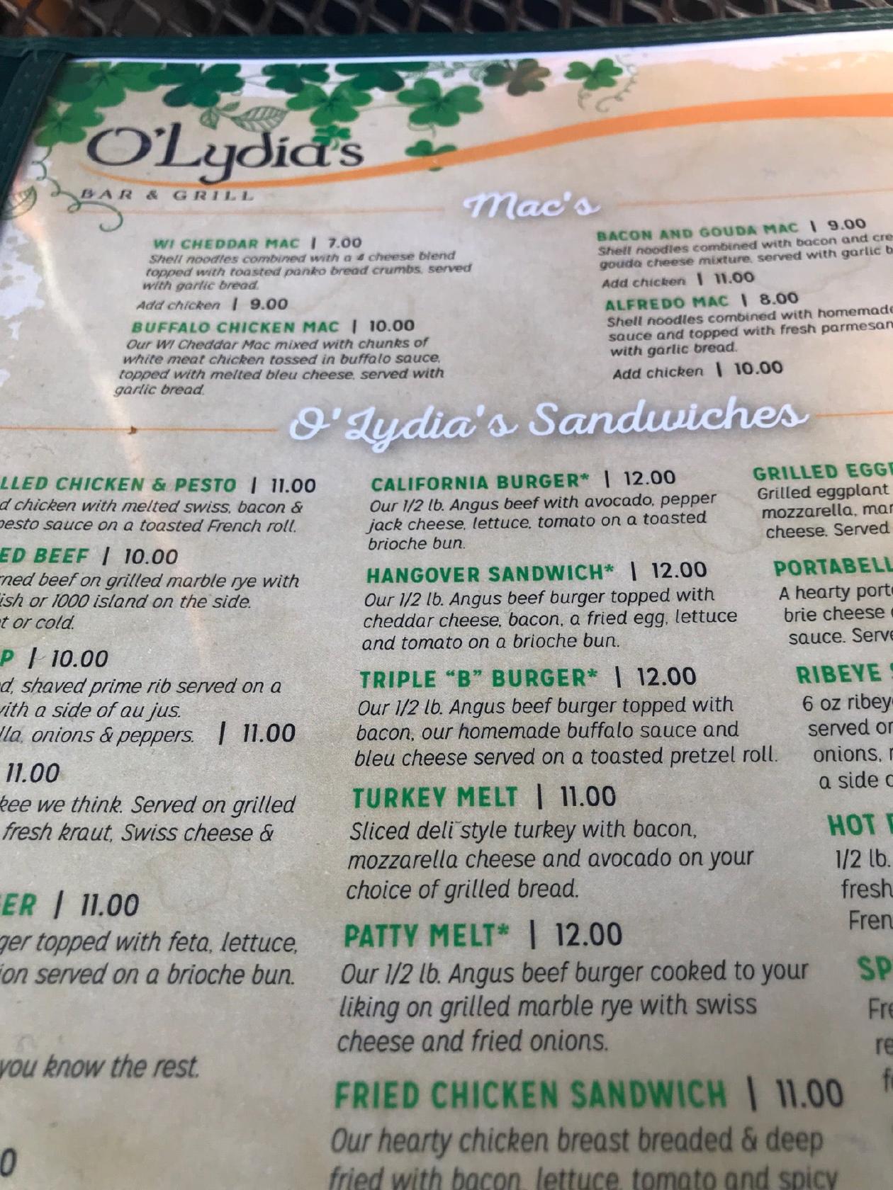 Menu at O'Lydia's Bar and Grill, Milwaukee