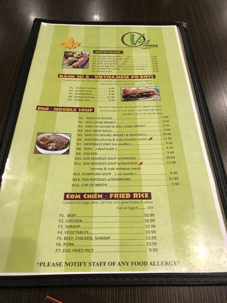Menu at Viet Orleans Bistro restaurant, New Orleans