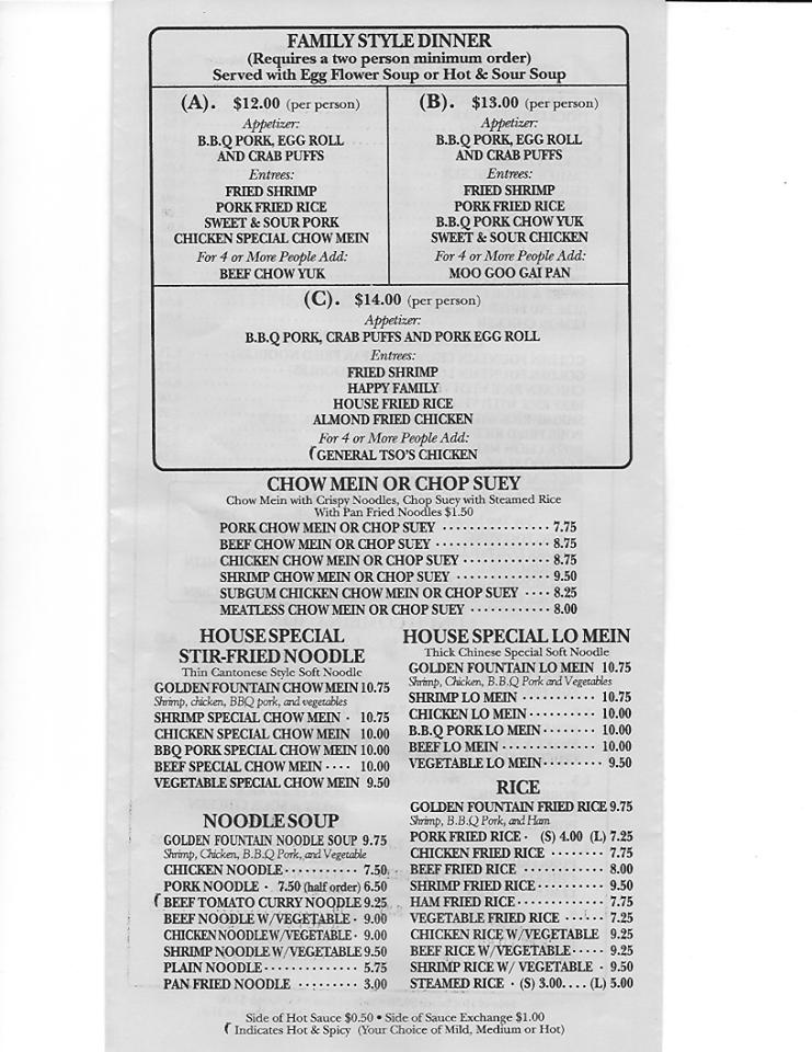 Menu at Golden Fountain restaurant, Pendleton, 437 S Main St