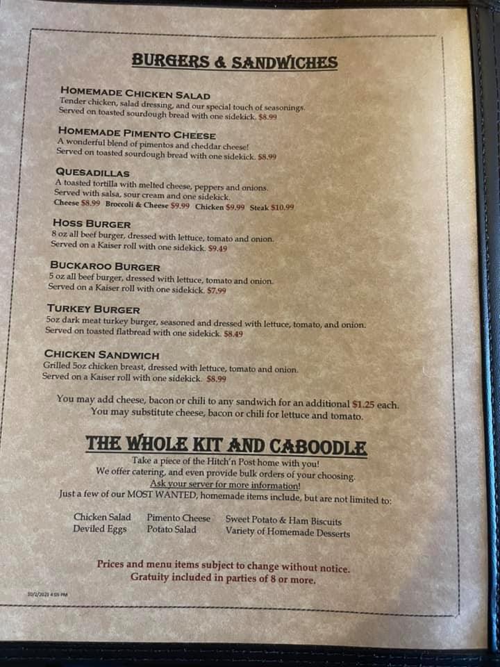 Menu at HitchN Post Restaurant, Williamston