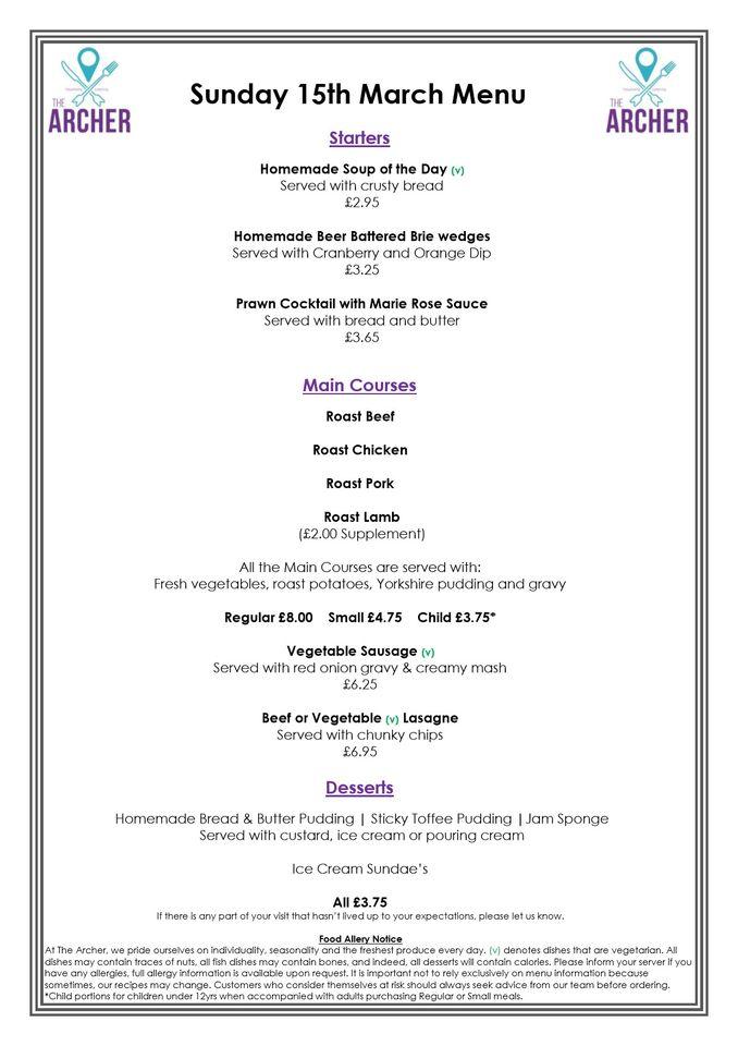 Menu at The Archer pub & bar, Mansfield, Warsop Ln
