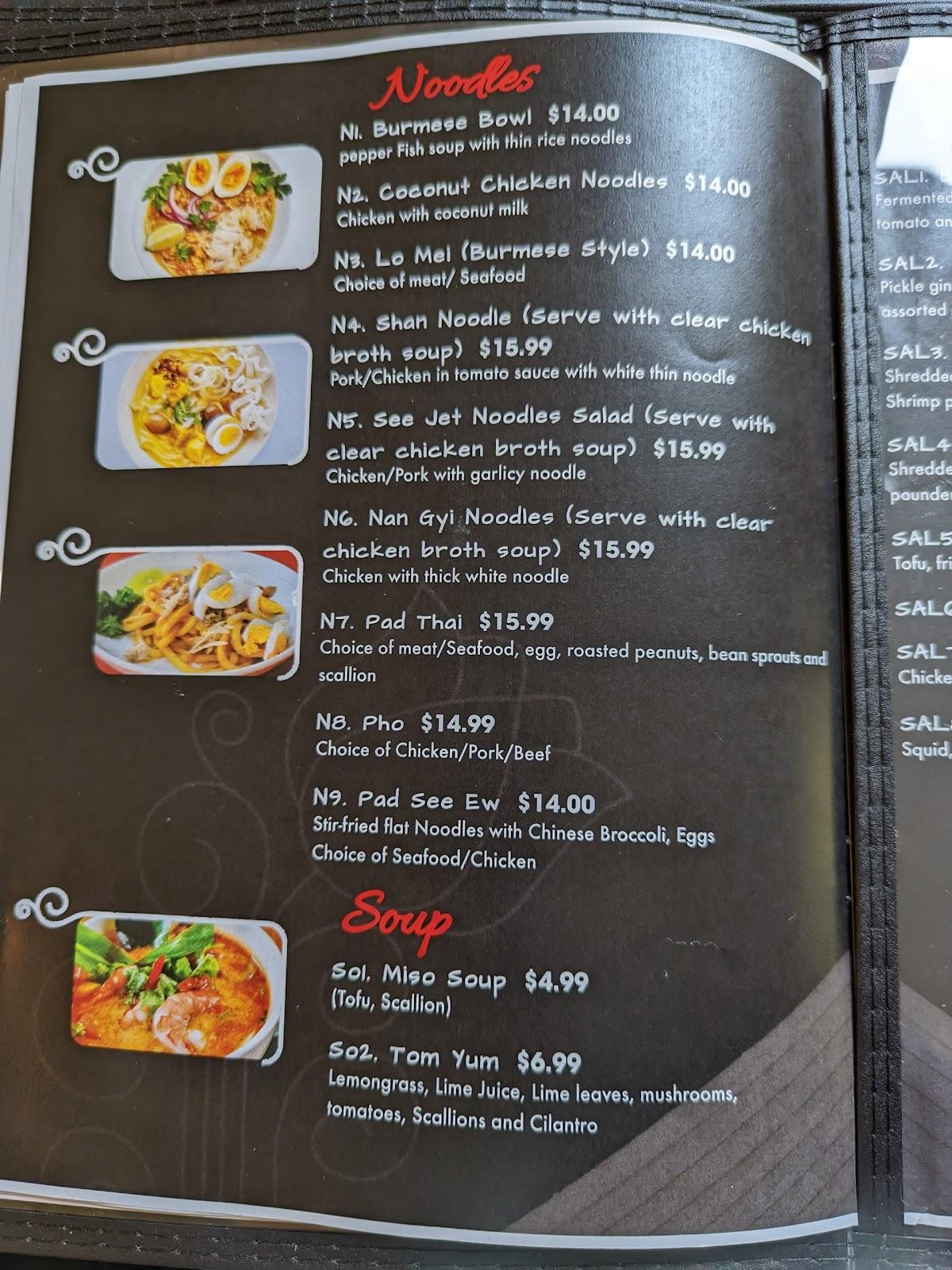 Menu at Burmese Bowl restaurant, Lee