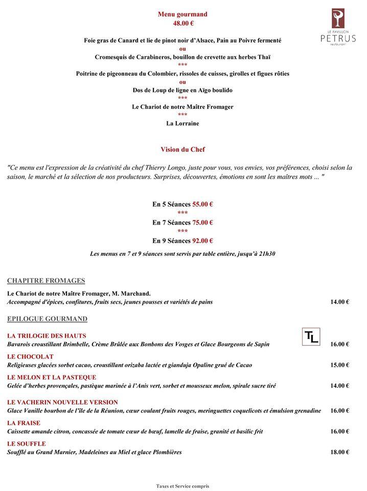 Menu at Le Pavillon Petrus restaurant, Gérardmer, 1 Pl. du Tilleul