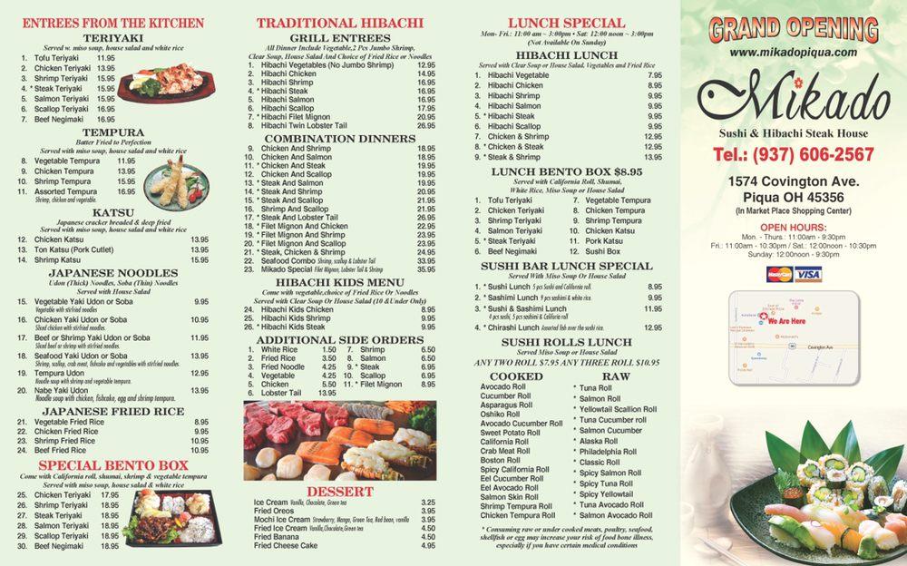 Menu at Mikado Japanese Restaurant, Piqua