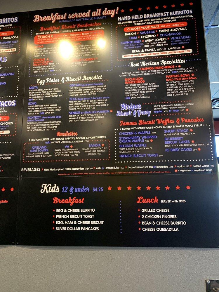 Menu at Stripes Biscuits & Burritos restaurant, Albuquerque
