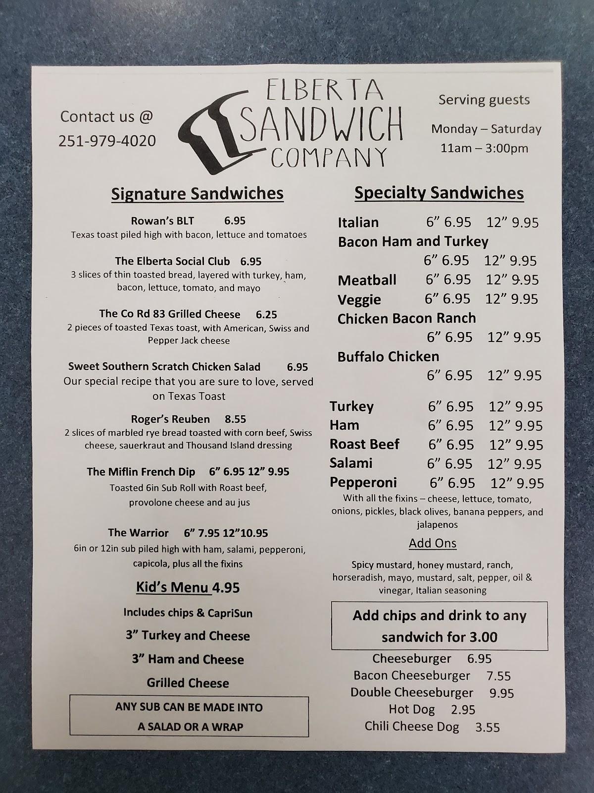 Menu at Elberta Sandwich Company, Lillian