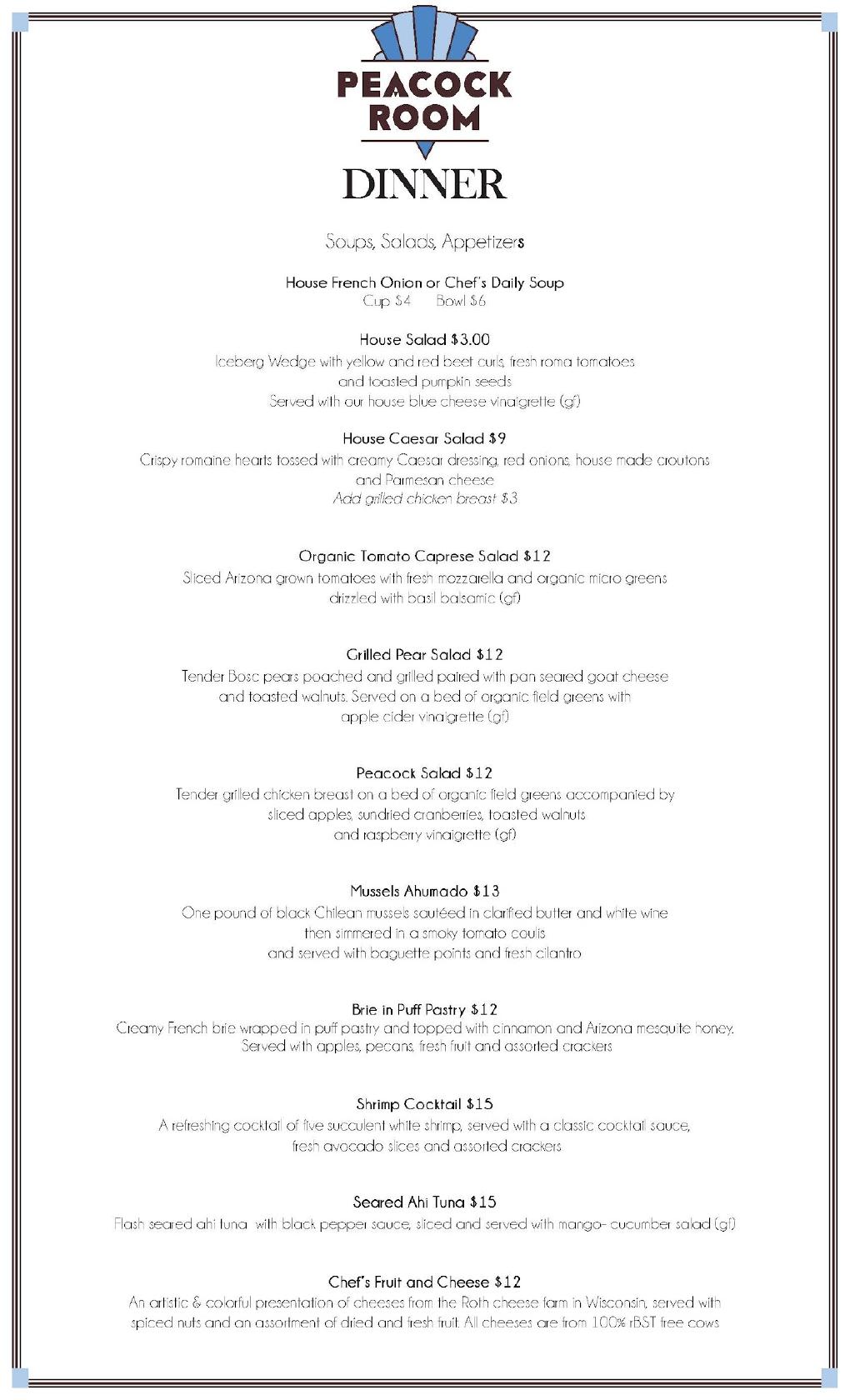 Menu at Peacock RoomHassayampa Inn pub & bar, Prescott