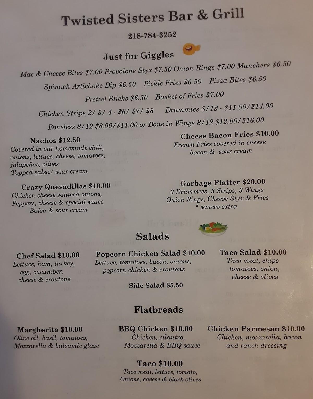 Menu at Twisted Sisters at Pub 21, Ada