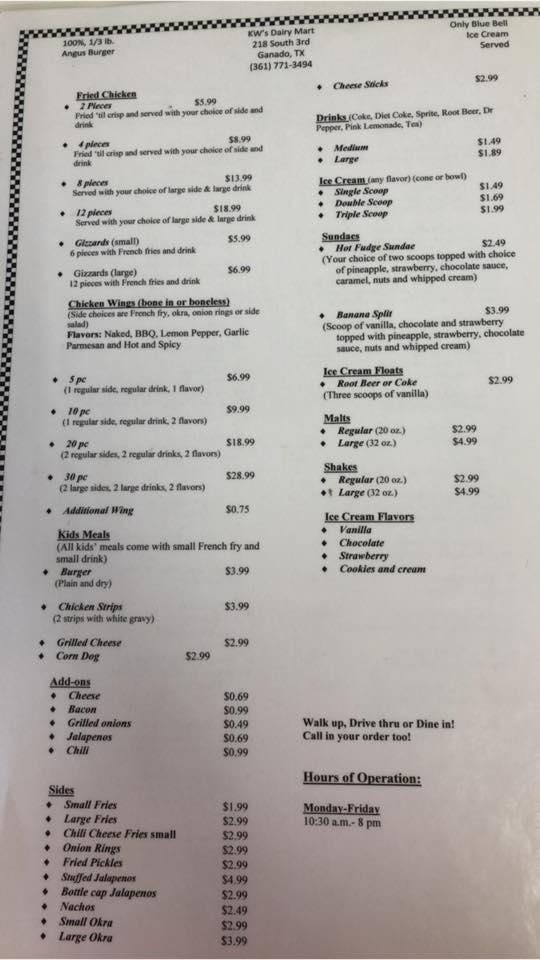 Menu at KW's Dairy Mart restaurant, Ganado