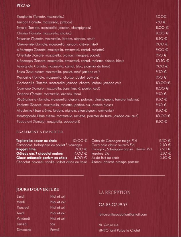 Menu at La Réception restaurant, Saint-Parize-le-Châtel