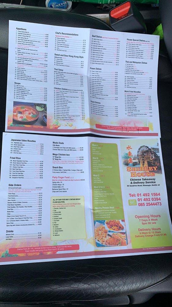 Menu at Shirley House fast food, Dublin