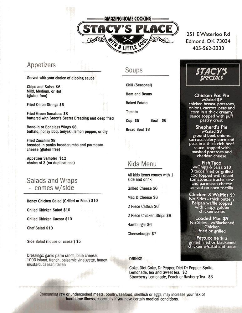 Menu at Stacy's Place restaurant, Edmond, 251 E Waterloo Rd