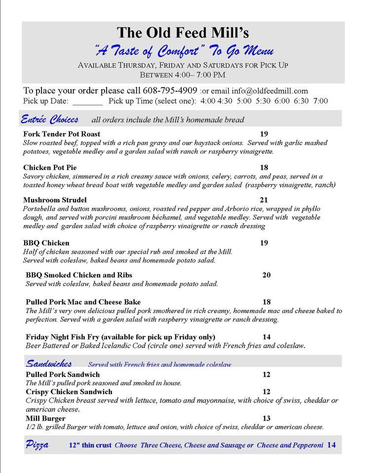 Menu at The Old Feed Mill desserts, Mazomanie