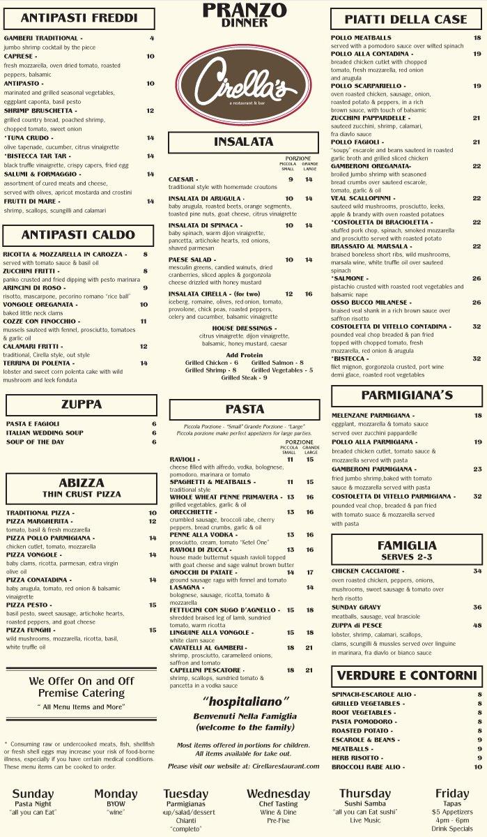 Menu at Cirella's Restaurant, Melville, 14 Broadhollow Rd