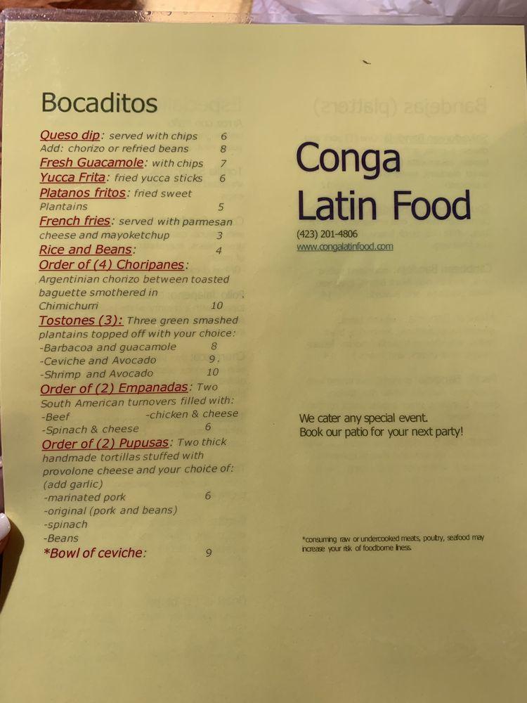 Menu at Conga Latin Food restaurant, Chattanooga