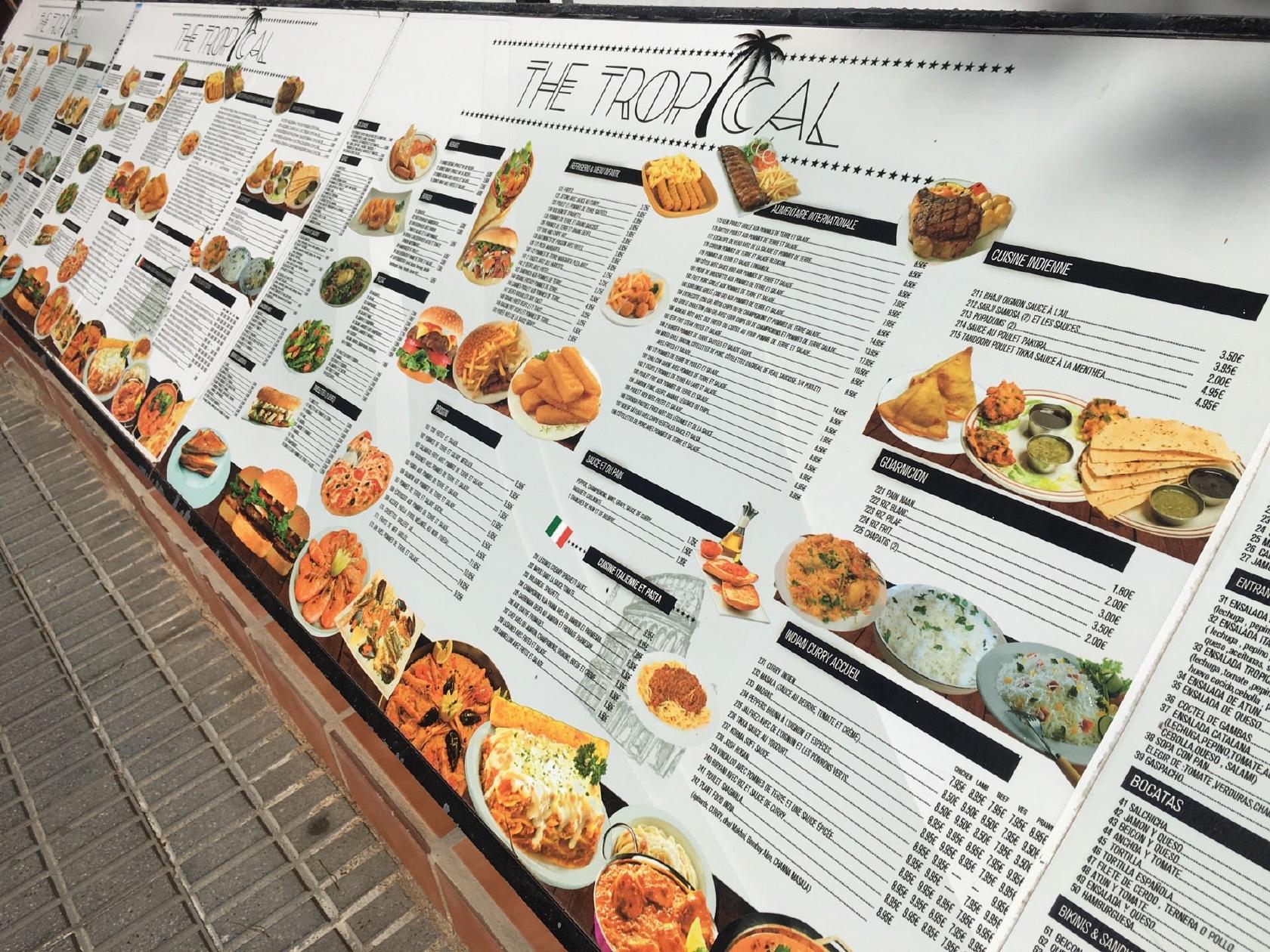 Menu at THE TROPICAL CAP SALOU restaurant, Salou