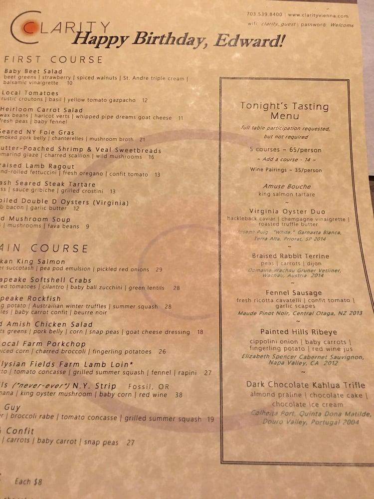 Menu at Clarity pub & bar, Vienna