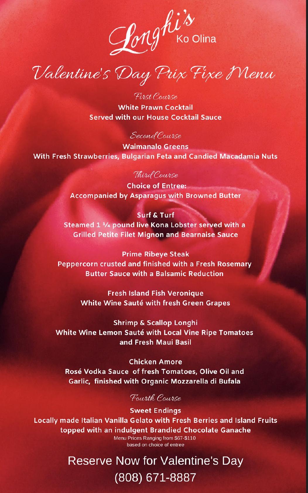 Menu at Longhi's Ko Olina steakhouse, Kapolei
