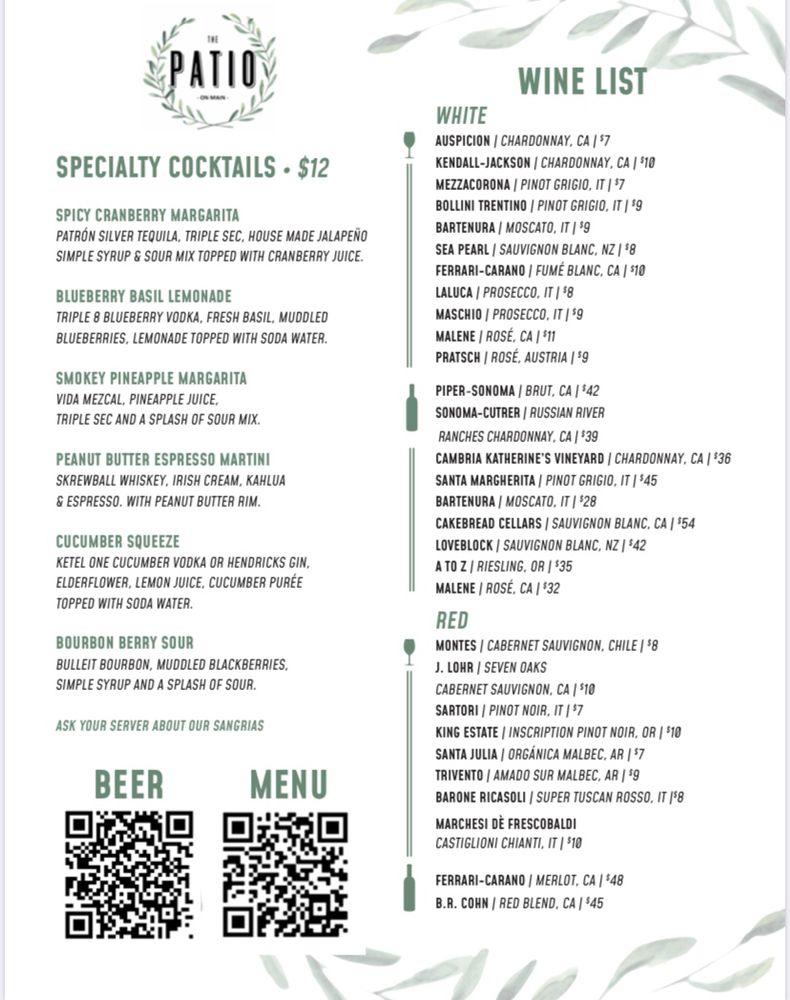 Menu at The Patio on Main East Greenwich pub & bar, East Greenwich