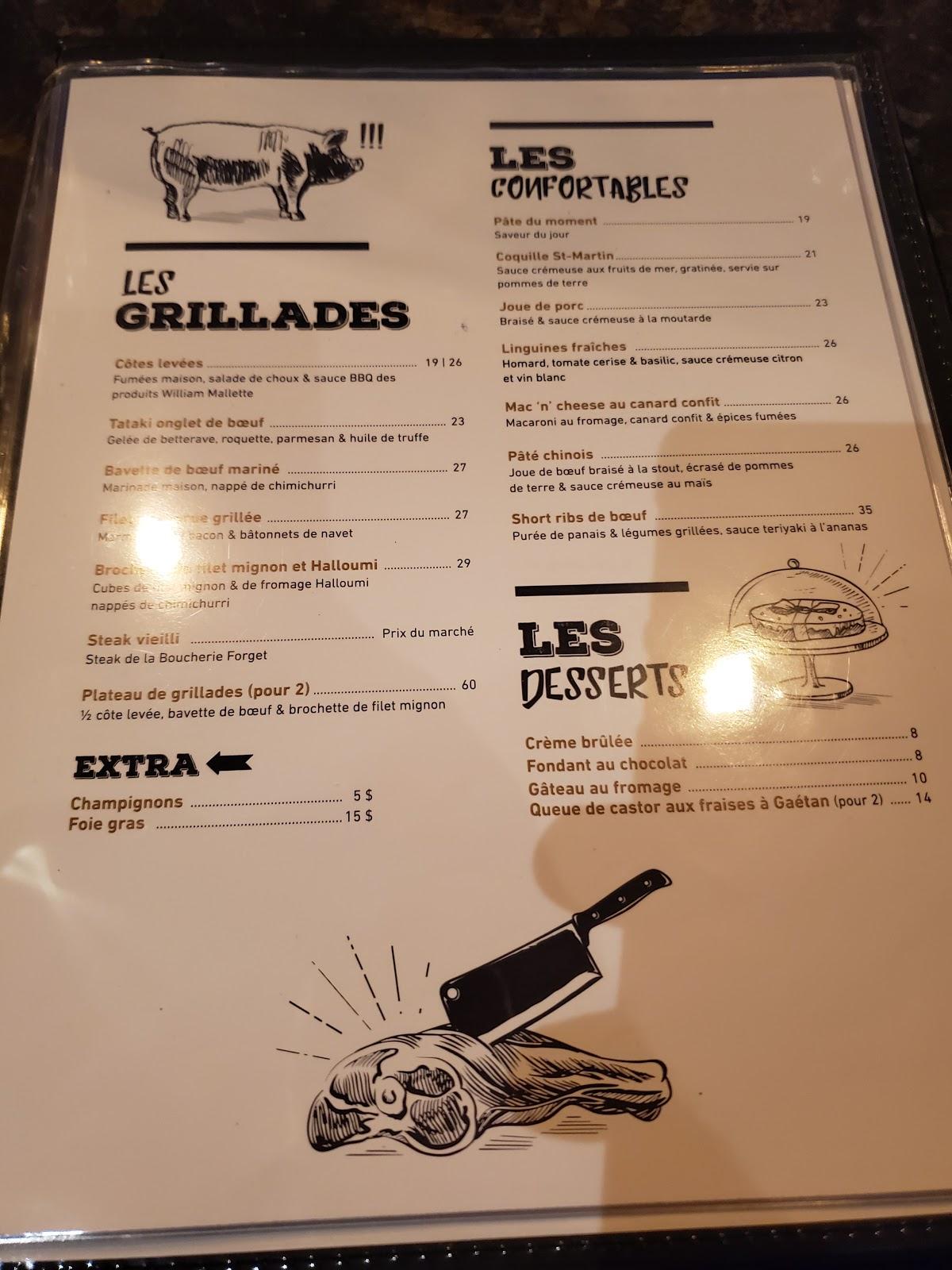 Menu au L'Âtre Bistro restaurant, Joliette