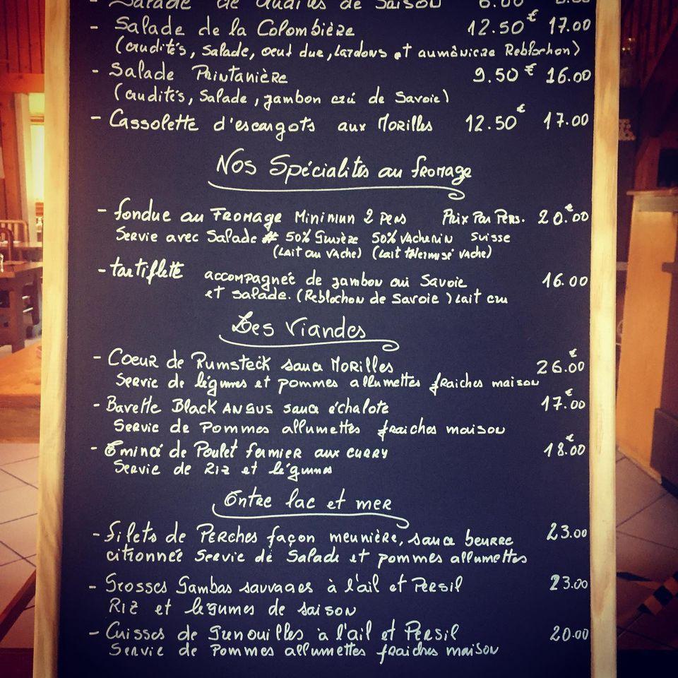 Menu at La Colombe (Auberge de la Colombiere) restaurant, Neydens