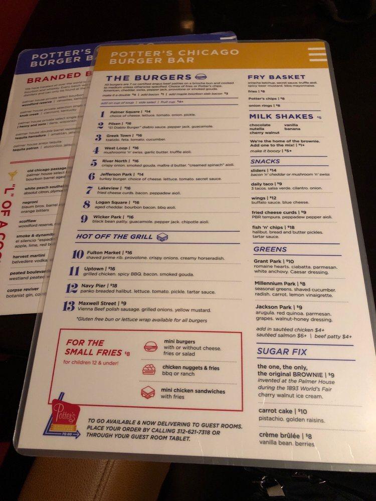 Menu at Potter's Chicago Burger Bar, Chicago