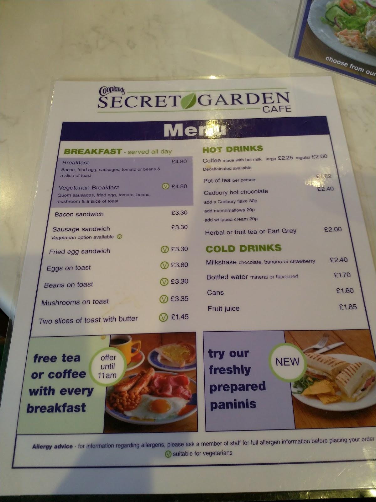 Menu at Secret Garden Café cafe, Hull, 57 Jameson St