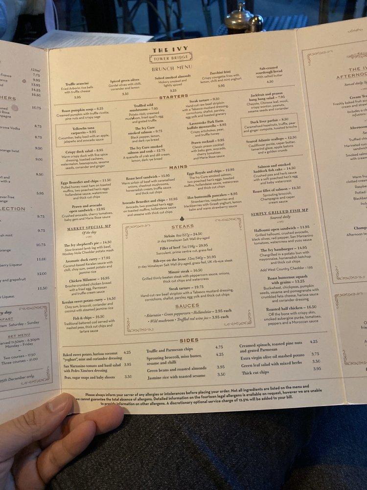 Menu at The Ivy Tower Bridge pub & bar, London