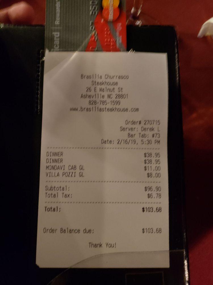 Menu at Brasilia Churrasco Steakhouse, Asheville