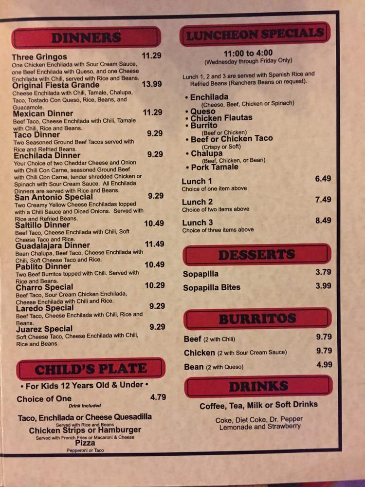 Menu at Kent's Tex-Mex restaurant, Denison