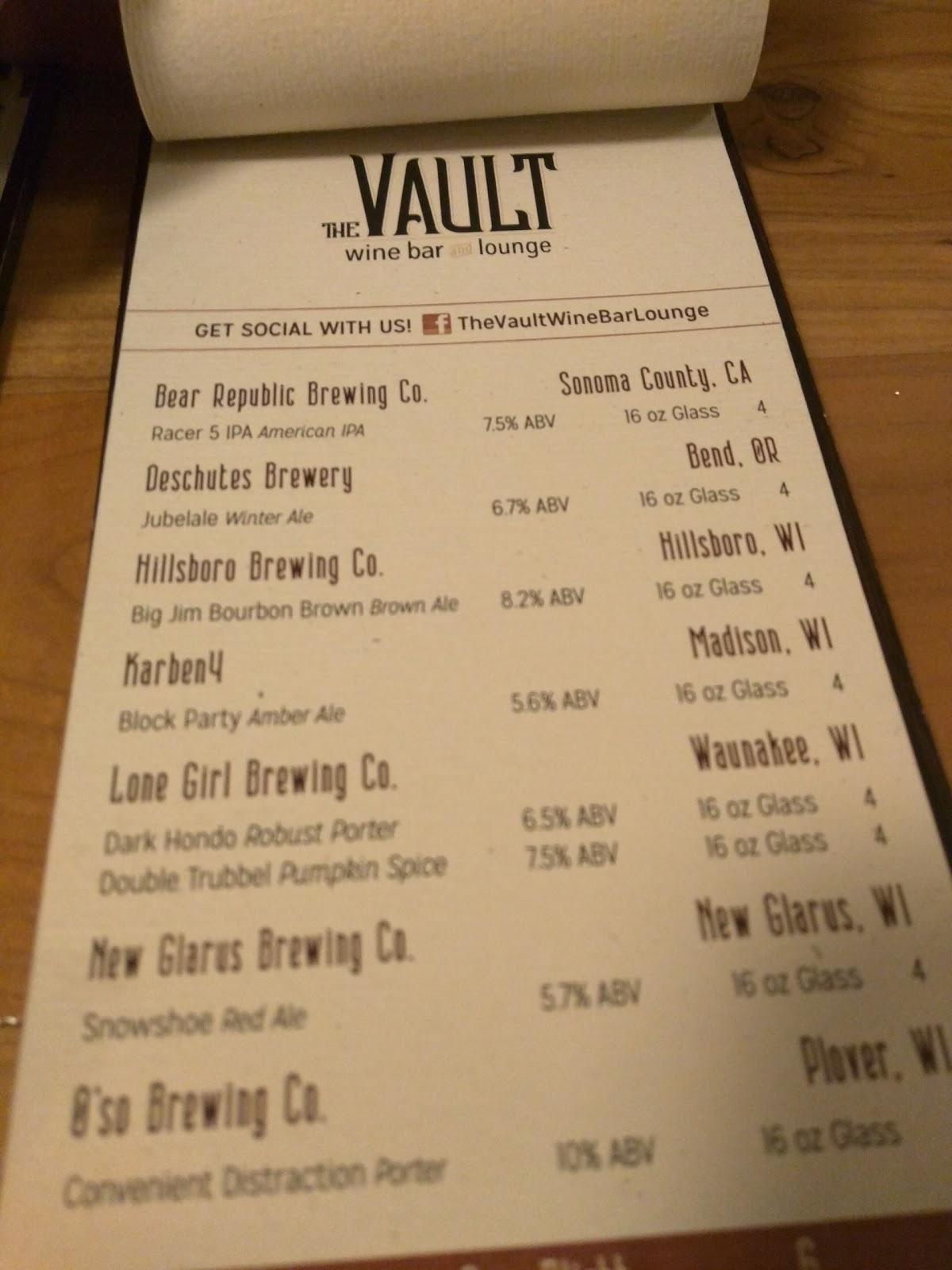 Carta del pub y bar Kessler's Vault, Reedsburg