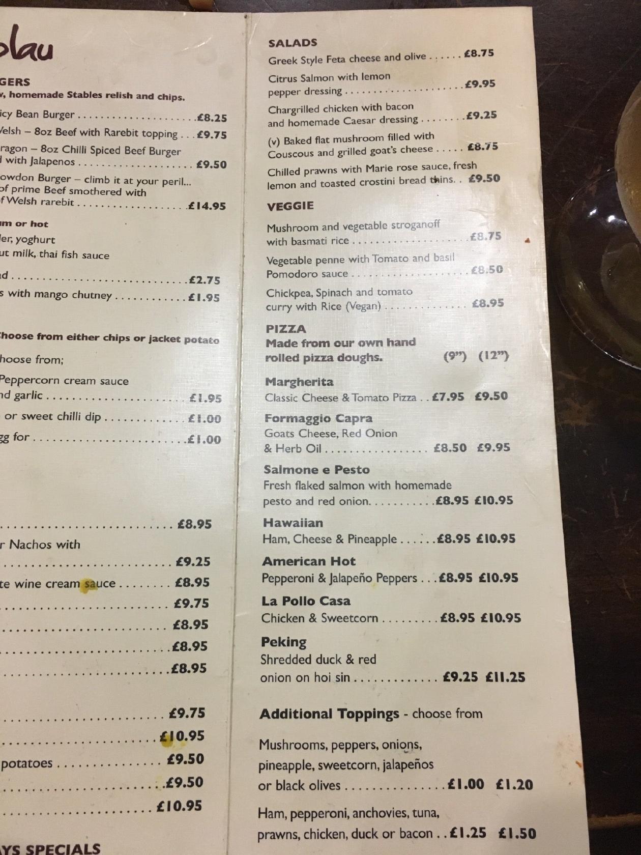 Menu at The Stables pub & bar, BetwsyCoed