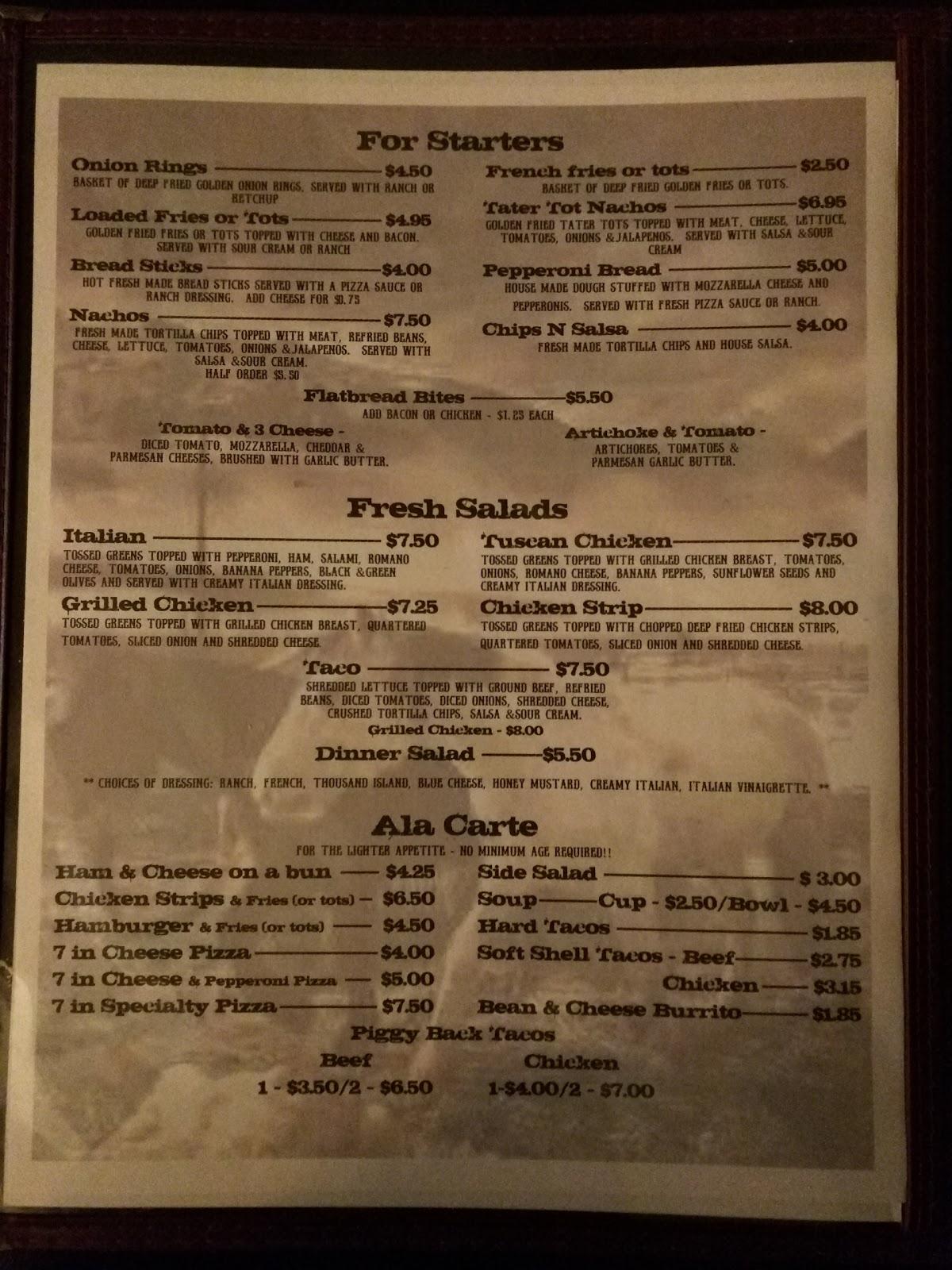 Menu at Trails End pizzeria, Springfield