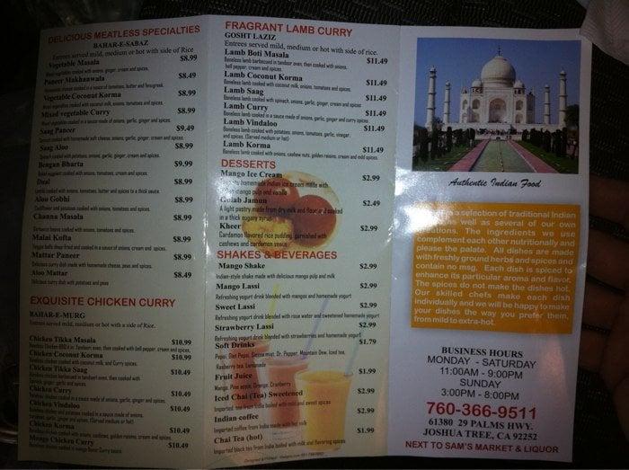 Menu at Sam's Indian Food & Pizza pizzeria, Joshua Tree