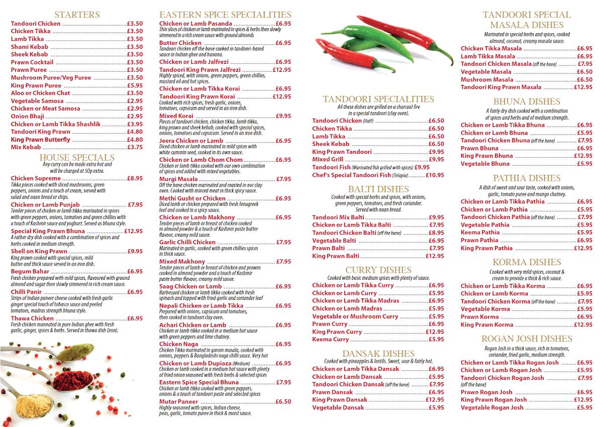 Menu at Eastern Spice restaurant, Loughborough