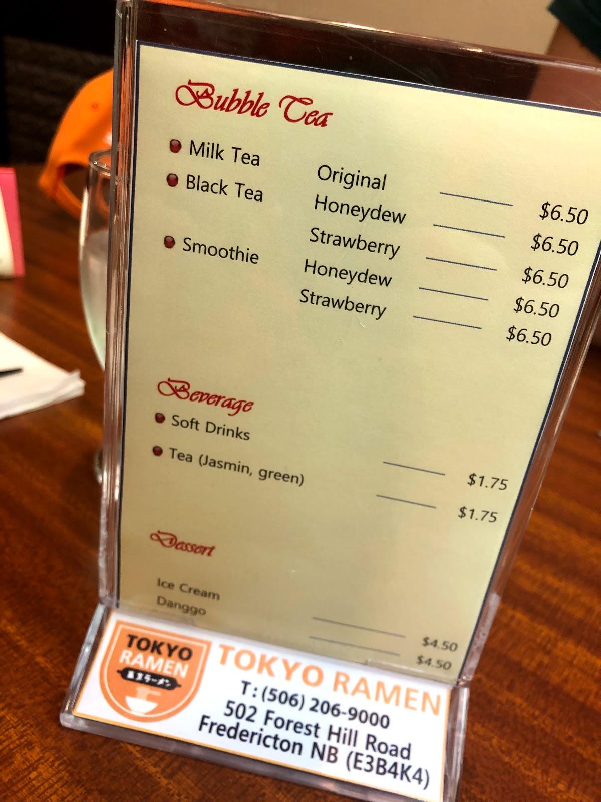 Menu at Tokyo ramen restaurant, Fredericton