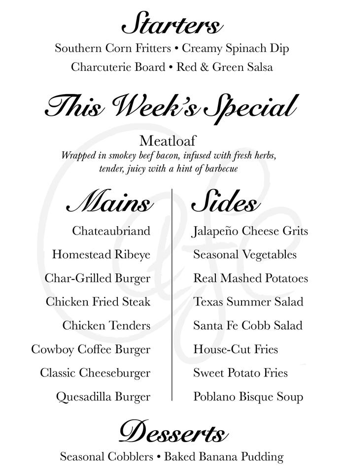 Menu at Cafe Homestead, Waco, 608 Dry Creek Rd