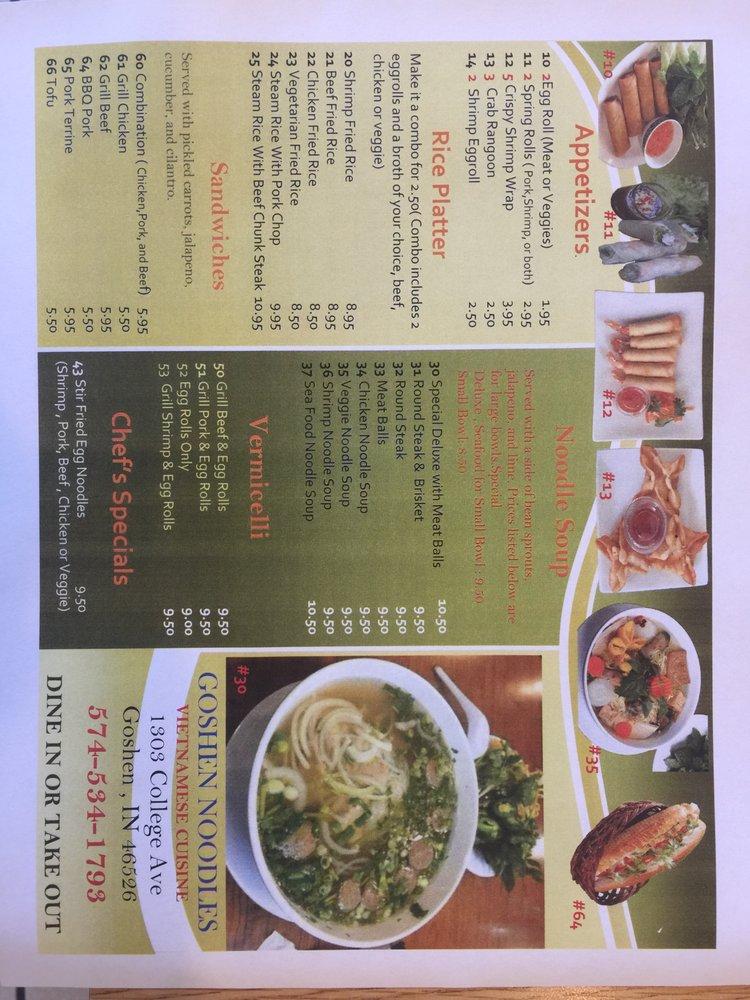 Menu at Goshen Noodles restaurant, Goshen