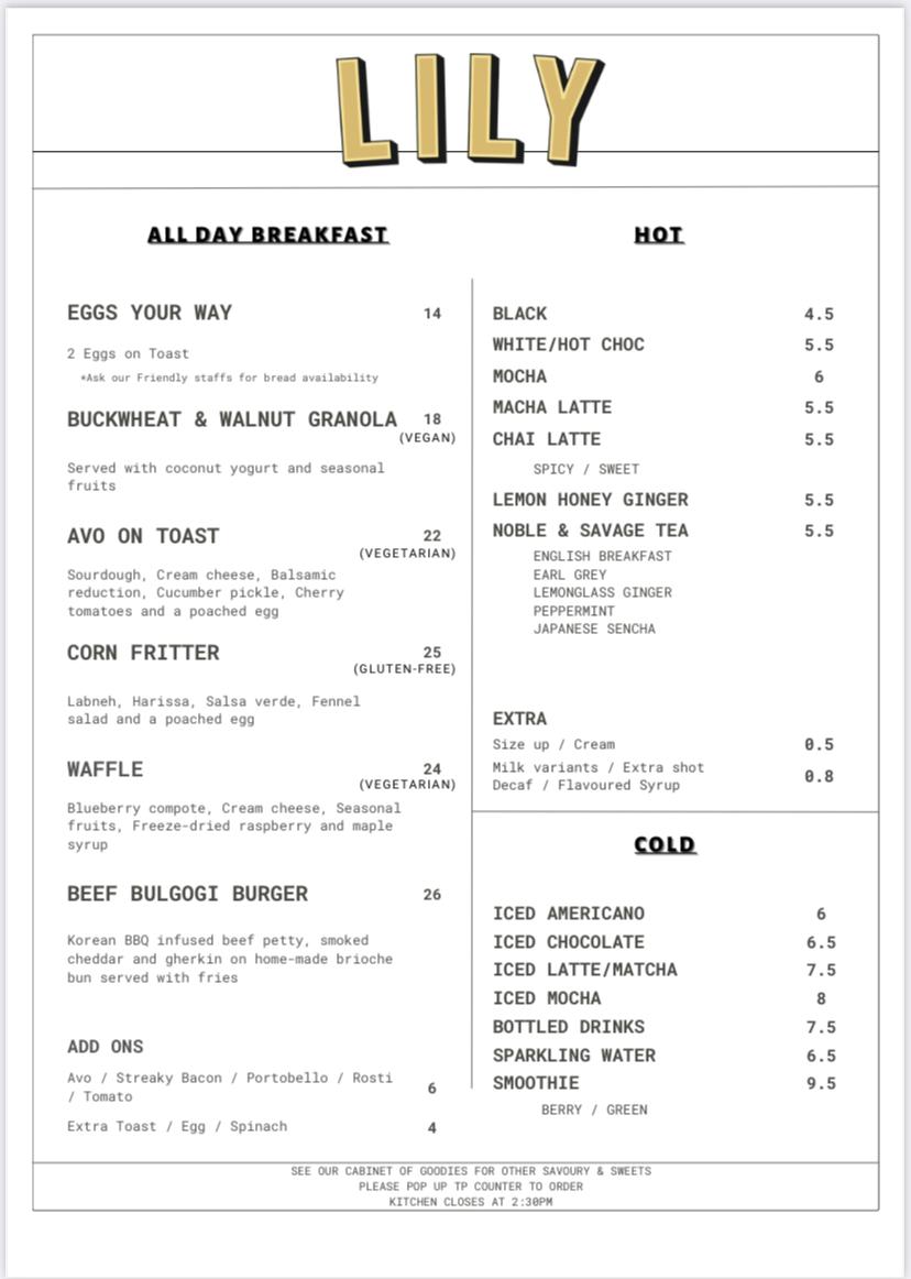 Menu at Lily Eatery Freemans Bay cafe, Auckland