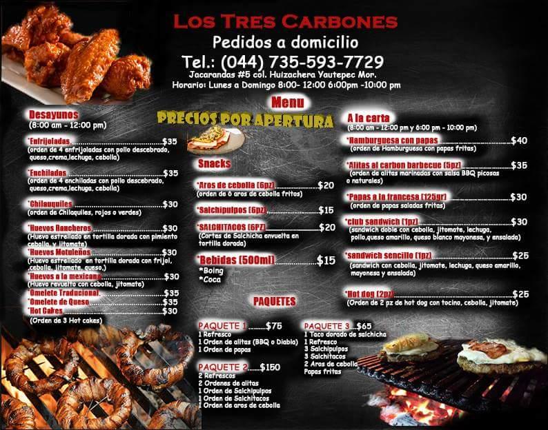 Menu at Los Tres Carbones restaurant, Yautepec de Zaragoza