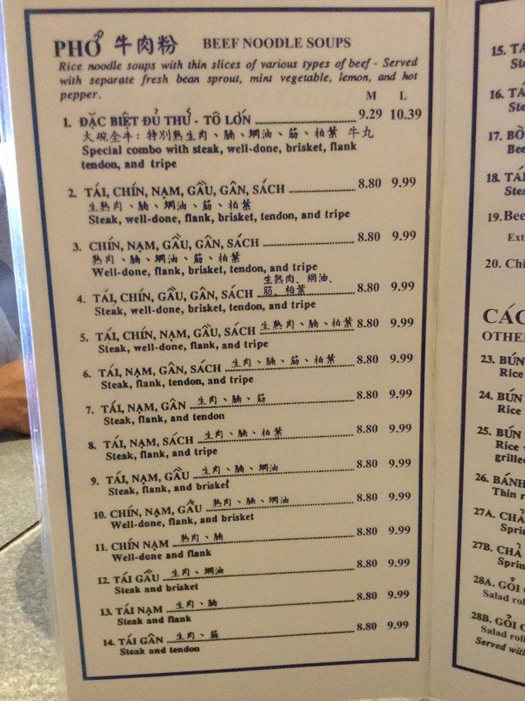 Menu at Pho Pasteur restaurant, Calgary